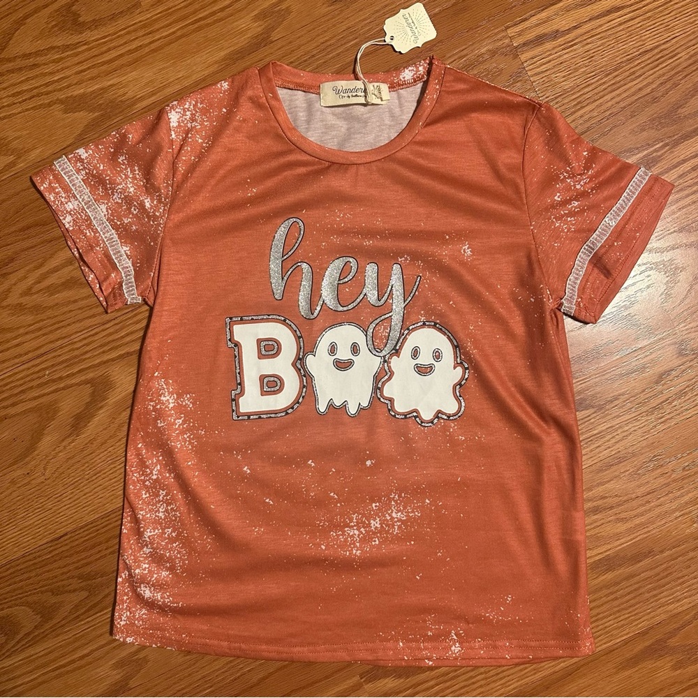 Hey Boo Orange Halloween Shirt with sequin detail